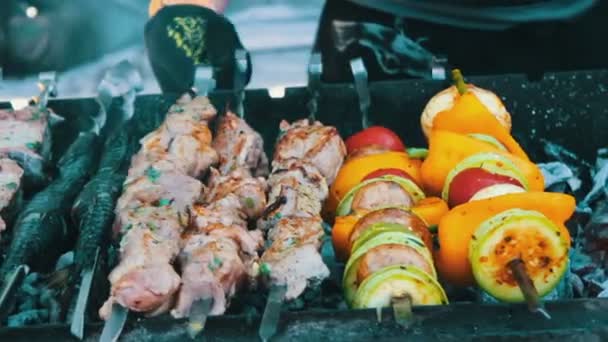 Grilované ryby, maso a zelenina pečená na grilu. Pouliční občerstvení, rychlé občerstvení, Snack na ulici, taseful, vynikající — Stock video