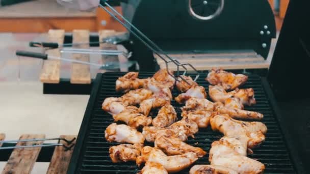 Barbecue met heerlijk gegrilde vlees op de Grill. Barbecue Party. Stukjes kip vlees wordt gebakken op houtskool grill. Heerlijk sappig vlees op de grill in brand steaks koken. — Stockvideo