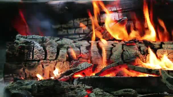 Szép kilátás az égő tüzet, és szikrák, és a vörös lángok zár-megjelöl kilátás. Égő fa a kandalló — Stock videók