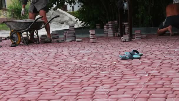 Les travailleurs masculins posent des dalles de pavage dans un parc pour enfants. Les hommes déposent une tuile de pavage multicolore dans le parc — Video