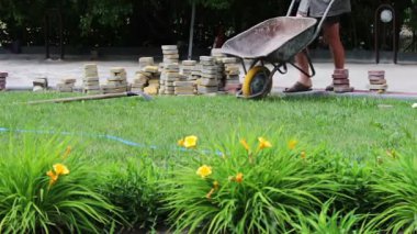 Erkek işçiler bir çocuk parkta fayans parke yatıyordu. Erkekler bir çok renkli kaldırım taşı parkta yatıyordu