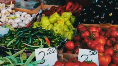 Lezzetli taze salatalık domates ve fiyat etiketleri ile diğer sebze pazarı tezgahın üzerine yalan