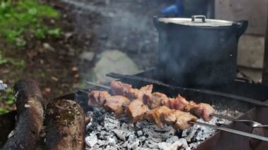 Lezzetli sulu kızarmış et şiş üzerinde sadece barbekü ızgara et pişirme bir pot arka plan insanlar ve tatil kavramı - grill.on üzerinde pişmiş