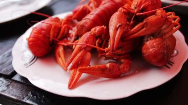 Bir tabloda bir kafede beyaz tabakta taze pişmiş kırmızı kerevit