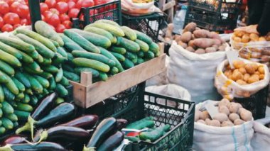 Lezzetli taze salatalık domates ve fiyat etiketleri ile diğer sebze pazarı tezgahın üzerine yalan