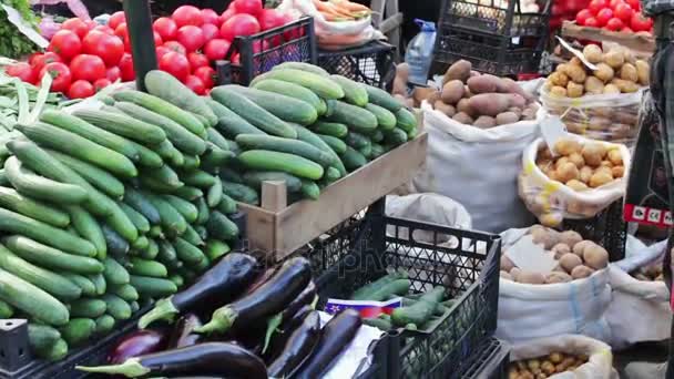 Köstliche frische Zwiebelpaprika und anderes Gemüse mit Preisschildern sind auf dem Markt Theke — Stockvideo