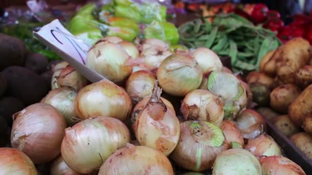 Deliciosos pimientos de cebolla fresca y otras verduras con etiquetas de precios están en contador de mercado — Vídeo de stock