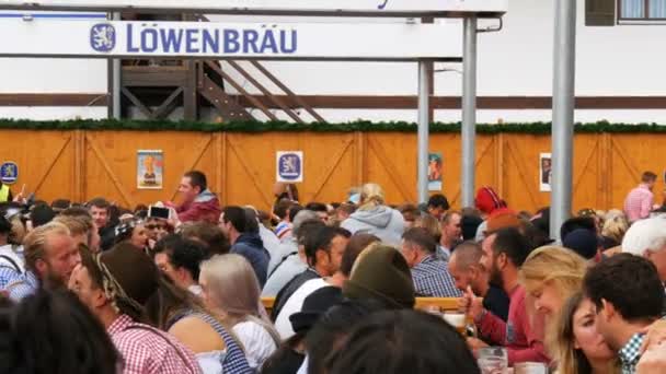 2017年9月17日-慕尼黑, 德国: 年轻人坐并且庆祝在 beergarten 在世界范围的巴法力亚节日啤酒节。人们喝大玻璃杯的啤酒 — 图库视频影像