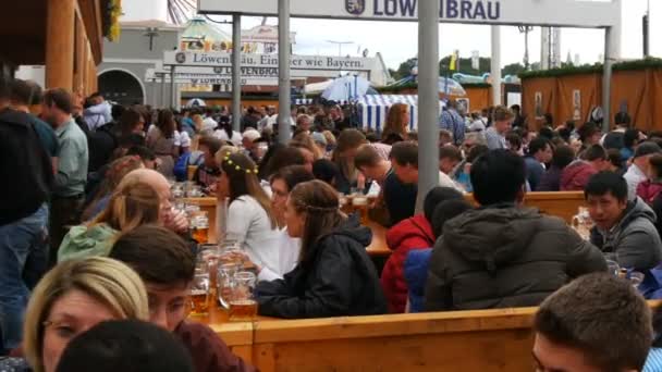 17 de septiembre de 2017 - Múnich, Alemania: los jóvenes se sientan y celebran en el beergarten en el festival mundial de Baviera Oktoberfest. La gente bebe cerveza de vasos grandes — Vídeo de stock