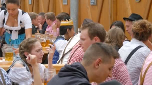 17 de septiembre de 2017 - Oktoberfest, Múnich, Alemania: Mucha gente está sentada en el birgarten bebiendo cerveza de jarras de cerveza se comunican y se divierten — Vídeo de stock