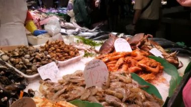 Deniz Ürünleri ıstakoz kalamar karides kerevit istiridye Midye kabukları balık pazarında La Boqueria İspanya, Barcelona kasık biti.