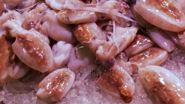 Contador con Mariscos útiles sobre hielo en el mercado de pescado de La Boquería — Vídeos de Stock