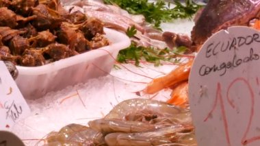 Taze farklı balık midye karides kabuklular buz La Boqueria, yararlı deniz ürünleri, Balık pazarı ile counter