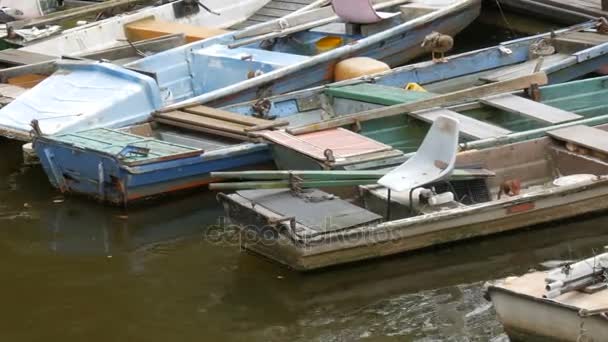 Wiele starych łodzi vintage stanąć na przystani na rzece — Wideo stockowe