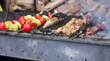Izgara balık, et ve sebze ızgara kızartma. Sokak, taseful, lezzetli üzerinde sokak gıda, Fast Food, yemek