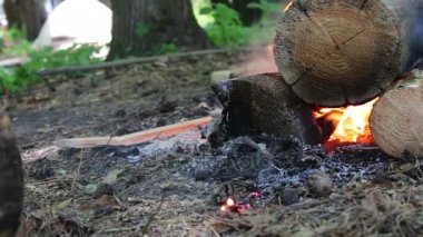 Açık havada, gün ışığı, büyük yakıcı şenlik ateşi. Açık havada gün ateşin ortasına