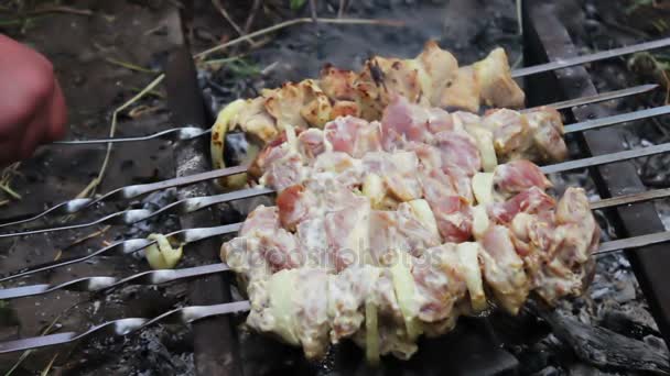 Вкусное свежее мясо, нанизанное на шампур, готовое к жарке на огне — стоковое видео