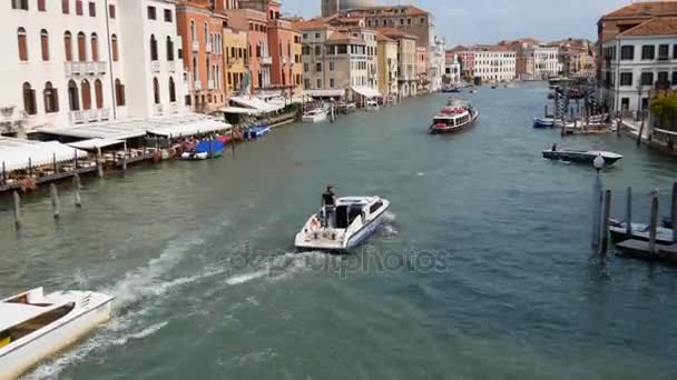 VENECIA, ITALIA, 7 DE SEPTIEMBRE DE 2017: Vista sobre el Gran Canal a lo largo del cual diversas góndolas famosas y barcos turísticos van con los turistas — Vídeos de Stock