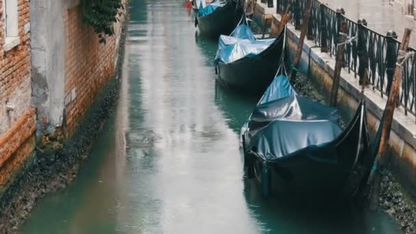VENECIA, ITALIA, 7 DE SEPTIEMBRE DE 2017: Góndolas venecianas de pie en el canal bajo la lluvia, Hermosas góndolas negras de pie y roca en las olas — Vídeos de Stock