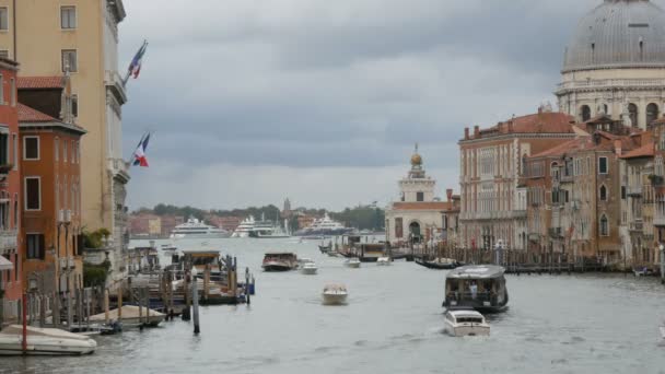 Zobacz słynnego Canal Grande w Wenecji i w tle katedra Santa Maria della Salute — Wideo stockowe