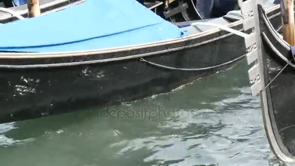 Beautiful black gondolas stand and rock on the waves of Grand Canal in Venice — Stock Video