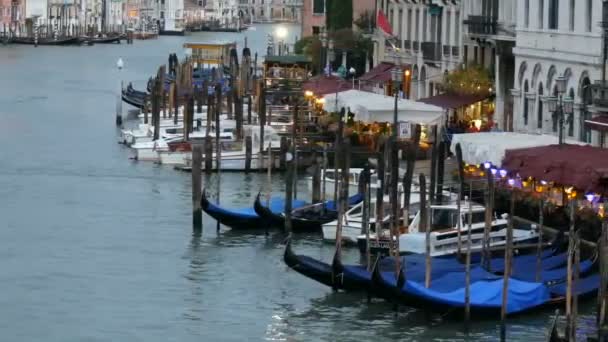VENECIA, ITALIA, 7 DE SEPTIEMBRE DE 2017: Impresionante velada de estilo veneciano, café en el que brillan cientos de luces, góndolas, columpio sobre el agua, los turistas se relajan y disfrutan de la vida — Vídeo de stock