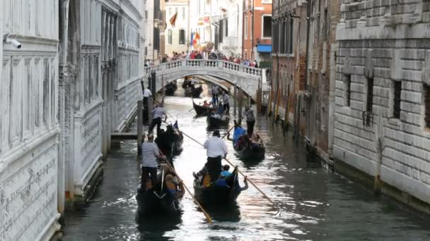 威尼斯, 意大利, 2017年9月7日: 运河的看法, 矗立着世界著名的叹息桥, 沿着威尼斯运河的缆车上浪漫漫步 — 图库视频影像
