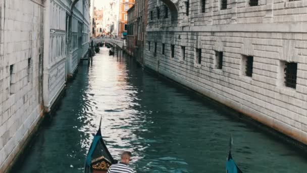 Velence, Olaszország, 2017. szeptember 7.: A szép gondolák és gondoliers a turisták őket áthajtani a régi velencei csatorna — Stock videók