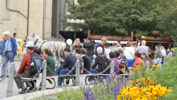 September 12, 2017 - Praag, Tsjechië: veel toeristen zitten op bankjes in het historische centrum van Praag — Stockvideo