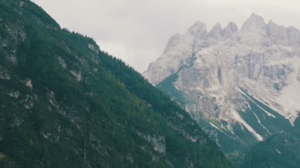 De bergen zijn bedekt met hout en stenen pieken. Italiaanse Alpen, de schoonheid van het landschap. Sneeuw rotsachtige bergtoppen. Sneeuw dekt de rotsachtig terrein van polar gebergte. — Stockvideo