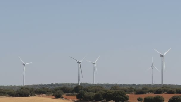 风力发电技术, 绿色技术, 清洁和可再生能源解决方案, 美丽的风车涡轮机利用清洁, 绿色, 风能在西班牙的领域 — 图库视频影像