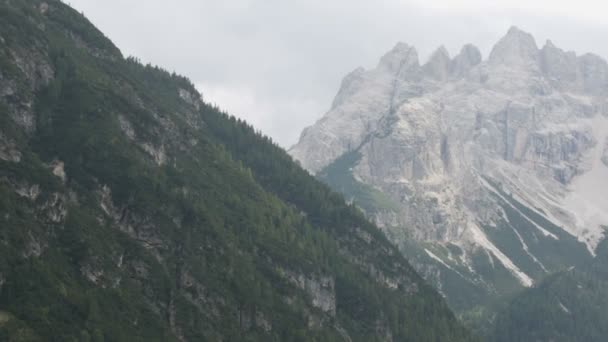 De bergen zijn bedekt met hout en stenen pieken. Italiaanse Alpen, de schoonheid van het landschap. Sneeuw rotsachtige bergtoppen. Sneeuw dekt de rotsachtig terrein van polar gebergte. — Stockvideo