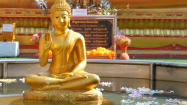 Pattaya, Tayland - 18 Aralık 2017: Altın hangi balmumu mum kayan nokta renkleri çeşitli üzerinde küçük bir havuzda oturmuş bir Buda heykeli