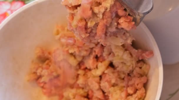 Meat stuffing falls out of the meat grinder — Stock Video
