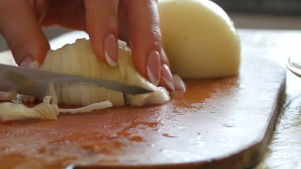 As mãos femininas cortam uma grande cebola na placa da cozinha com uma faca — Vídeo de Stock