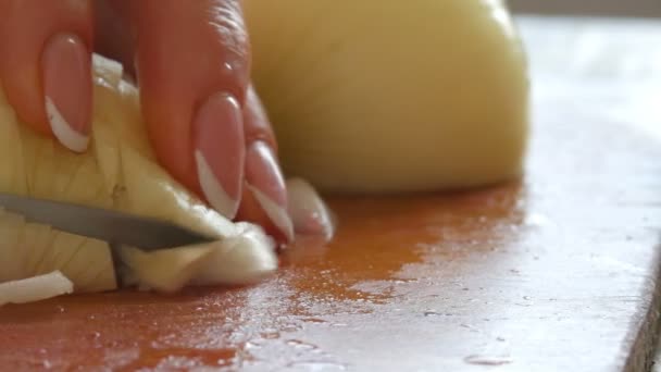 Kobieta plastry cebuli na kuchni deska Zamknij widok — Wideo stockowe