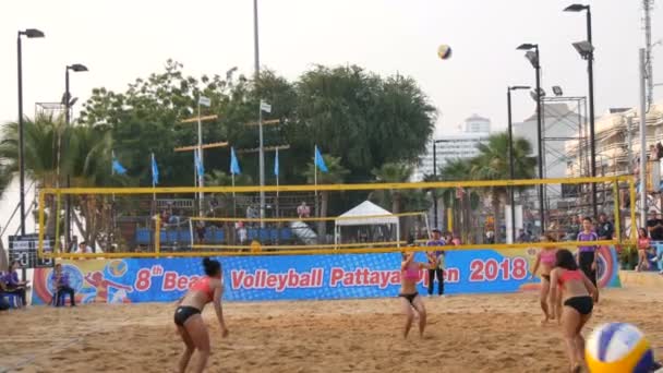 PATTAYA, TAILANDIA - 4 DE FEBRERO DE 2017: Campeonato de voleibol femenino en Pattaya. Chicas jugando en el voleibol de playa — Vídeos de Stock