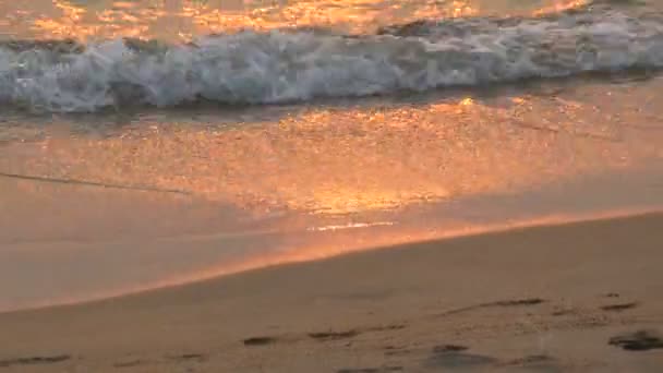 Costa del mare durante il tramonto su cui brillano i raggi rossi del sole al tramonto — Video Stock