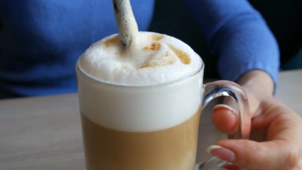 Les mains féminines agitent la mousse d'air du latte avec de la paille — Video