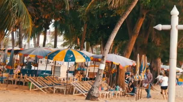 PATTAYA, THAILAND, December 14, 2017: View on the beach promenade with palm trees and coconuts in Thailand. People rest on the beach. A pointer with an inscription in English swimmig area — Stock Video