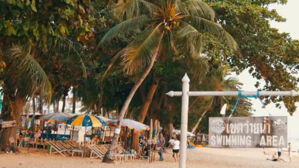 Pattaya, Thailand, 14 December 2017: Uitzicht op de boulevard met palmbomen en kokosnoten in Thailand. Mensen rusten op het strand. Een aanwijzer met een inscriptie op het gebied van de Engelse swimmig — Stockvideo