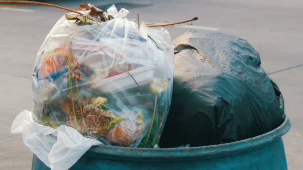 Bote lleno de basura obstruido con bolsas de plástico sobras de comida y otros residuos en una calle concurrida en la que los coches y motocicletas conducen — Vídeo de stock