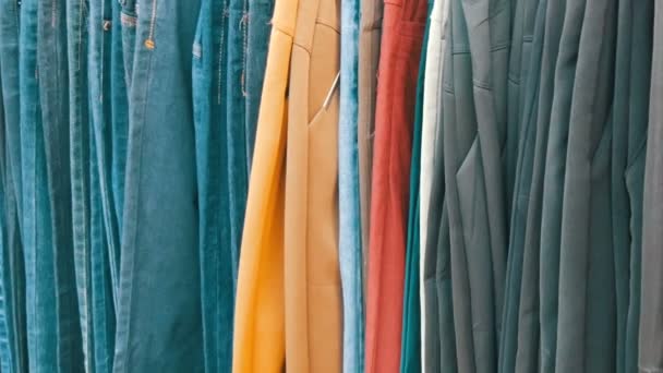 Pants hang on hanger, women look at clothes and choose. Flea market, clothes sold on the market — Stock Video