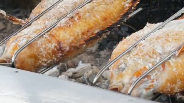 National Thai dish, fried fish on spit in salt and with greens close up view. Exotic food of Thailand and Asia — Stock Video