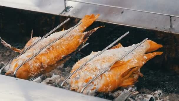 National Thai dish, fried fish on spit in salt and with greens. Exotic food of Thailand and Asia — Stock Video