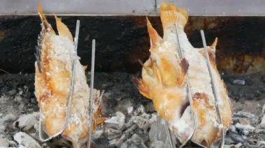 Ulusal Tayland yemeği, tükürük tuz ve yeşillikleri ile kızarmış balık. Tayland ve Asya egzotik yiyecek