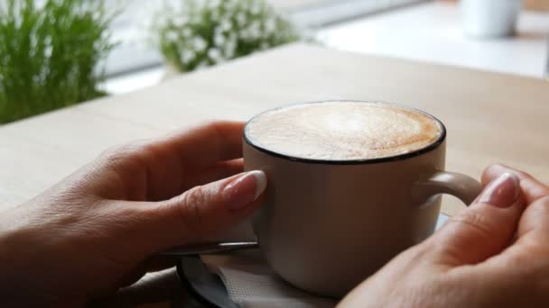 Kopp varm cappuccino med skum, som vidrörs av en kvinna med vackra välvårdade händer i en elegant café — Stockvideo