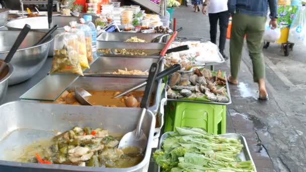 Teller met verscheidenheid van Thais eten. Vlees, soepen, salades. Aziatische straat voedsel — Stockvideo