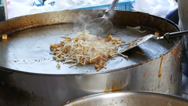 Продавец уличной еды жарит традиционную тайскую рисовую лапшу с яйцами, курицей и капустой. Азиатская еда — стоковое видео