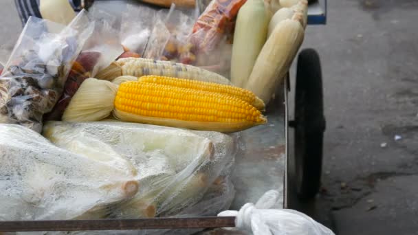 Contador con maíz joven recién hervido del que proviene el vapor. Contador con variedad de comida tailandesa. comida callejera asiática — Vídeos de Stock